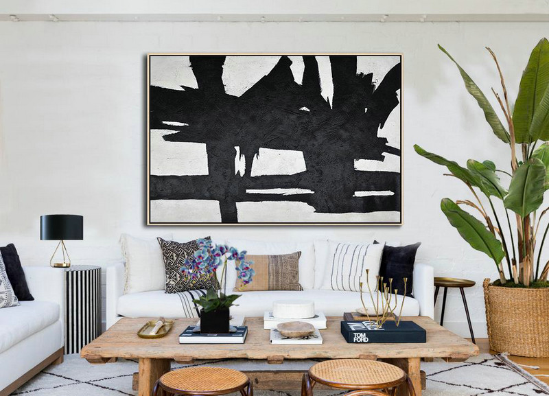 Modern Wall Art,Hand Painted Oversized Horizontal Minimal Art On Canvas, Black And White Minimalist Painting - Abstract Painting On Canvas